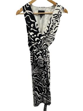 Donna Morgan NWT Black Ivory Abstract Faux Wrap Tie Waist Midi Dress 6 Party